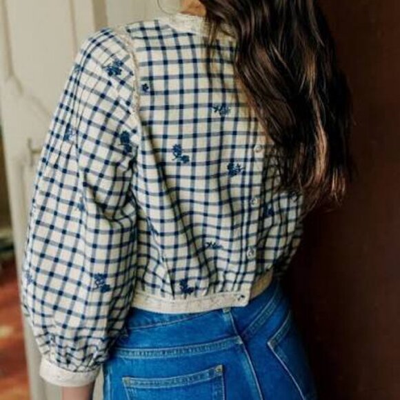 Sezane Thalyna Blouse Blue Floral Embroidery on Vichy Fabric - Picture 2 of 10